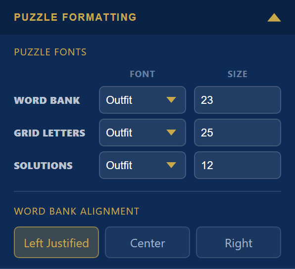 Puzzle Formatting panel with font and size for Word Bank, Grid Letters and Solutions, and Word Bank alignment