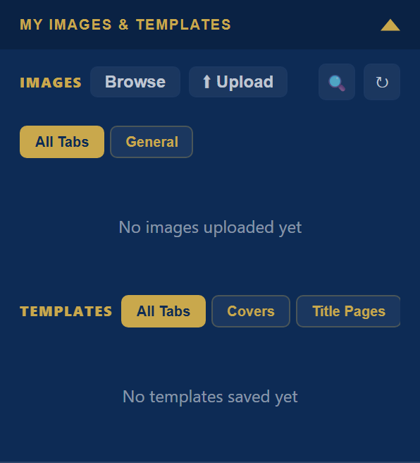 My Images and Templates panel with Images (Browse, Upload) and Templates (All Tabs, Covers, Title Pages)