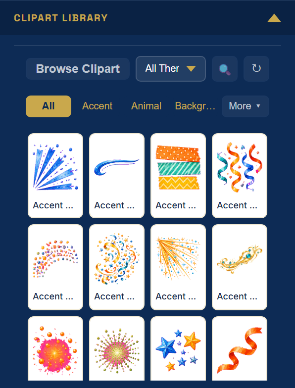 Clipart Library with Browse Clipart, a theme filter, a search button, category tabs and the first rows of clipart thumbnails