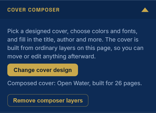 Cover Composer panel after applying a cover, with Change cover design and Remove composer layers buttons