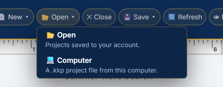 The Open menu: Open (projects saved to your account) and Computer (a .kkp file from this computer)