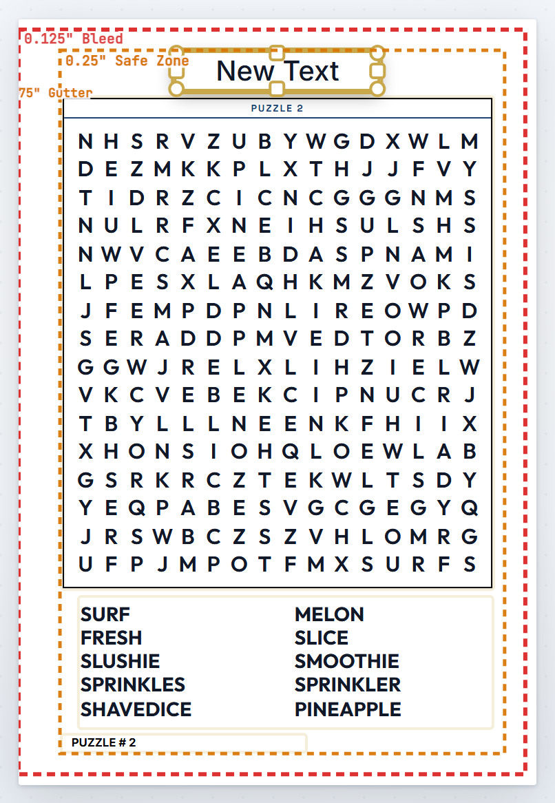 A new text box selected at the top of a Word Search page, in the clear strip above the grid, with gold handles at its corners and sides