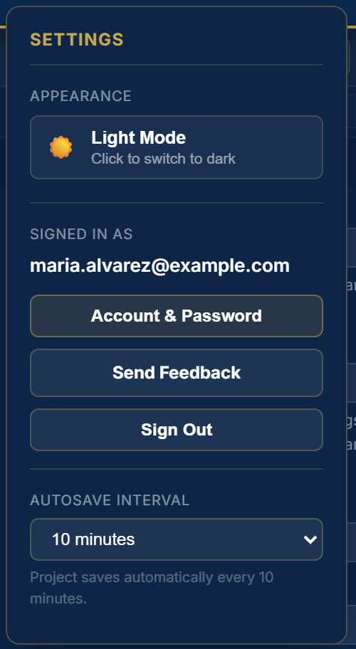 The Settings panel with Light Mode, the signed-in email, Account and Password, Send Feedback, Sign Out and Autosave Interval