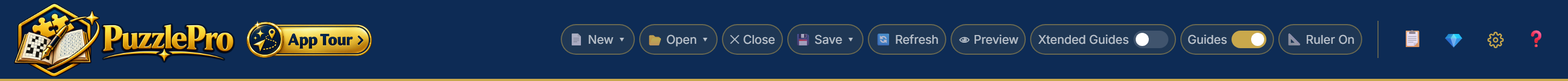 The top bar with New, Open, Close, Save, Refresh, Preview, Xtended Guides, Guides, Ruler, and the Templates, Upgrade, Settings and Help buttons