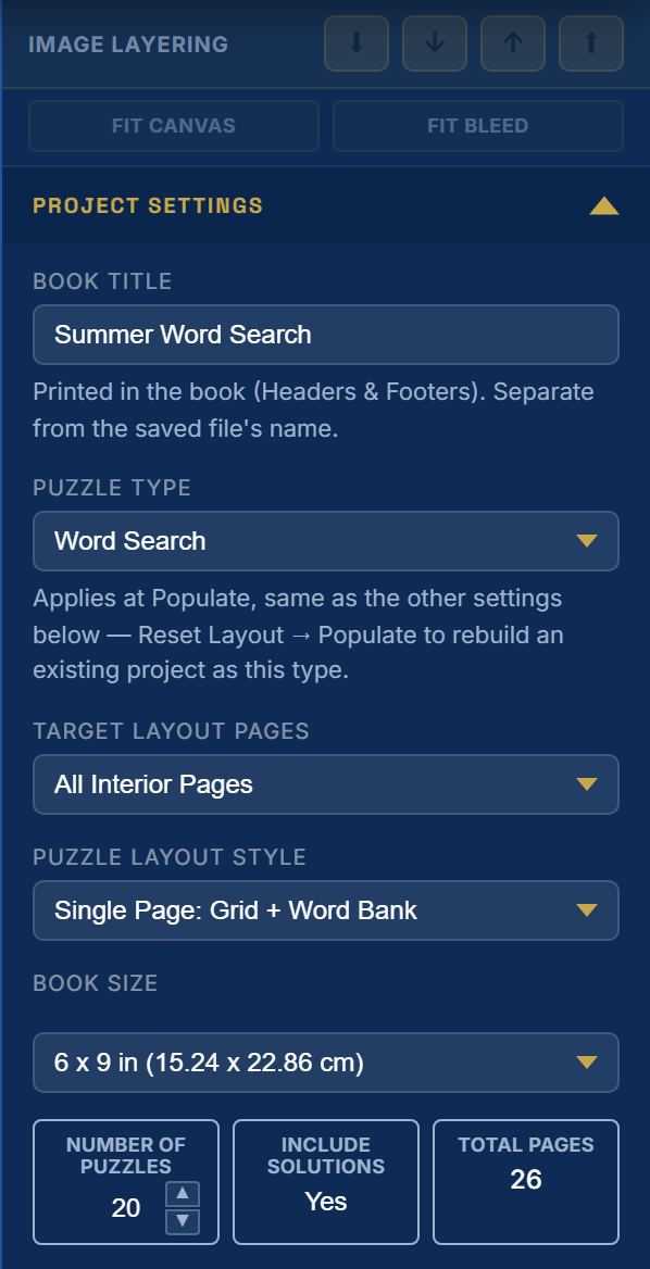 The top of the Inspector: Image Layering, Fit Canvas, Fit Bleed and Project Settings