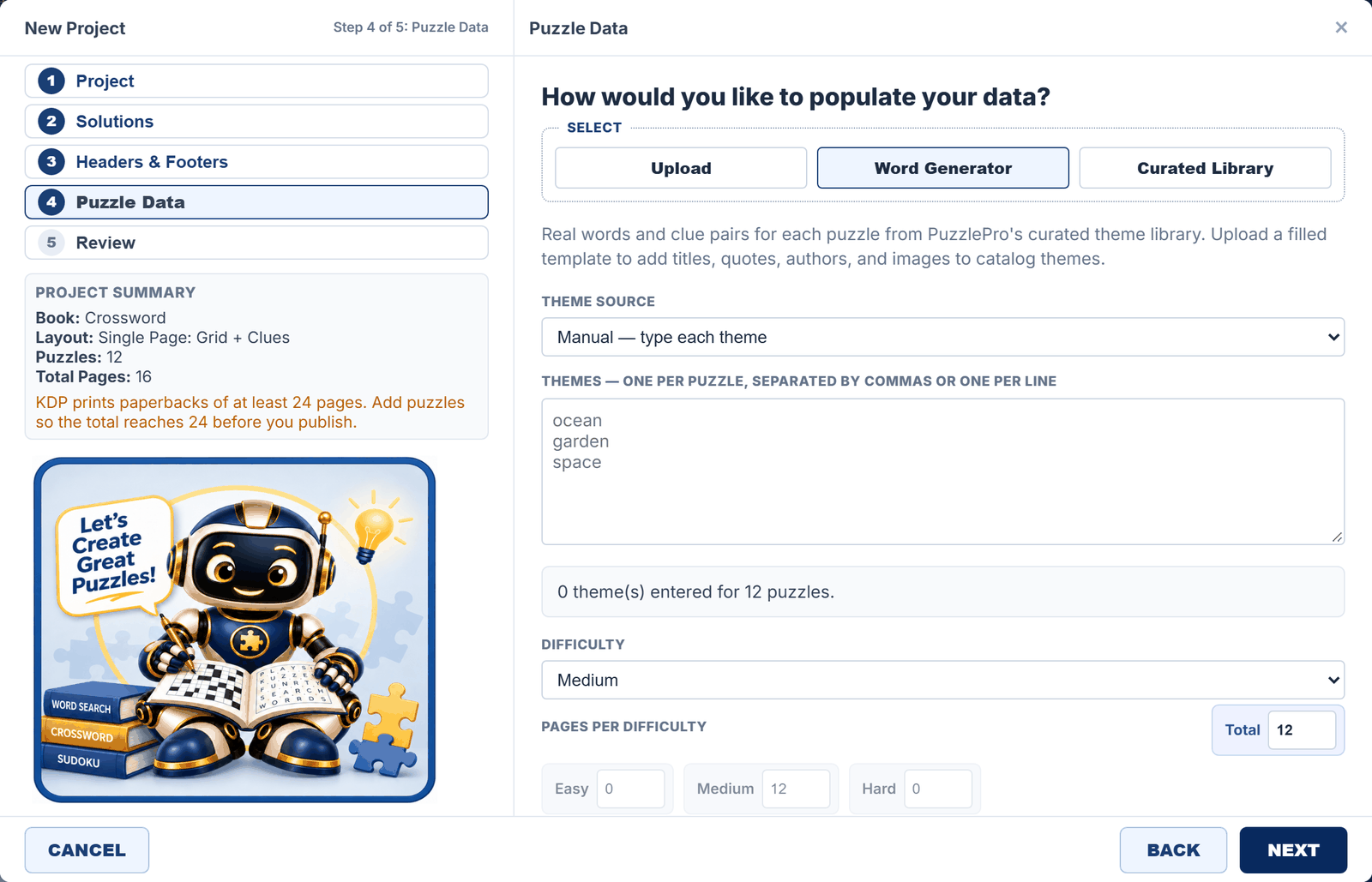 Crossword Puzzle Data step with the Word Generator and a difficulty selector