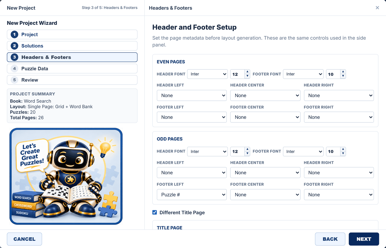 Wizard step 3 of 5, Headers and Footers, with separate even and odd page controls
