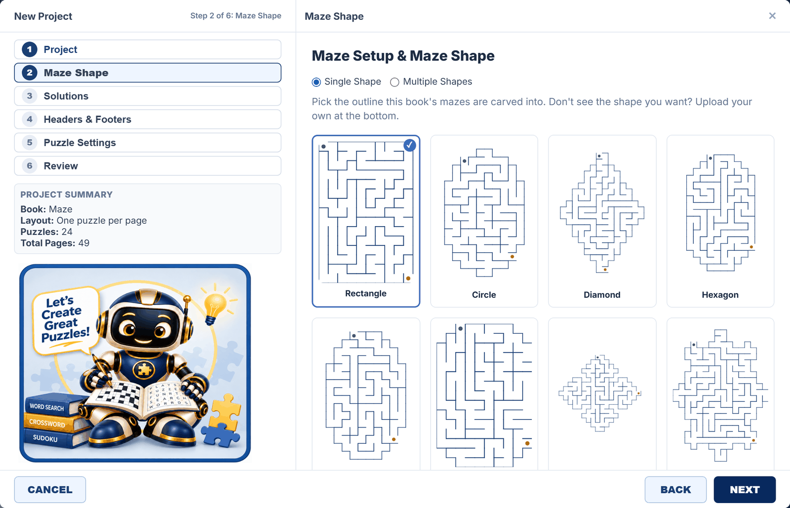 Maze Shape step with rectangle, circle, diamond and hexagon outlines