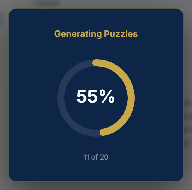 The Generating Puzzles progress window showing 55 percent and 11 of 20 puzzles