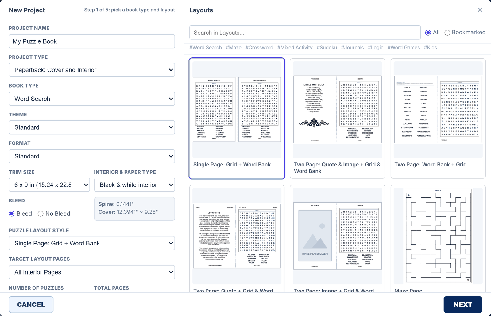 Wizard step 1 of 5: project name, book type, trim size and the Layouts gallery