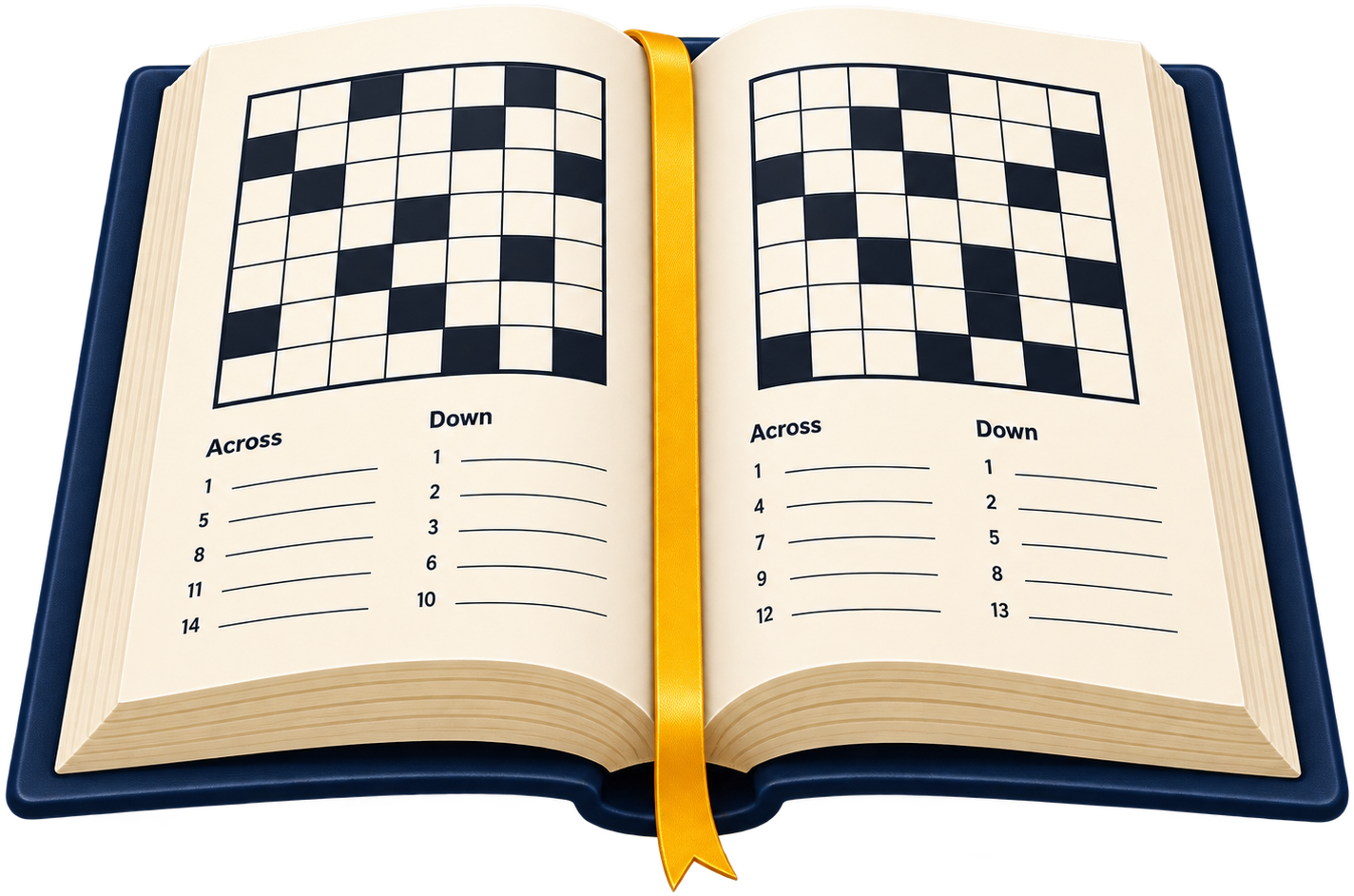 An open crossword puzzle book with a gold ribbon bookmark
