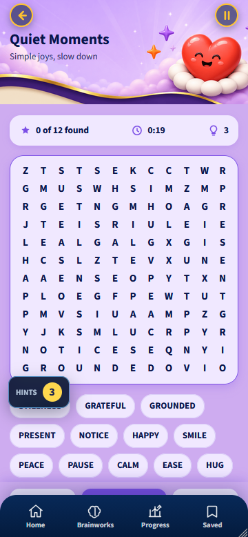 Word search in the Quiet Moments theme