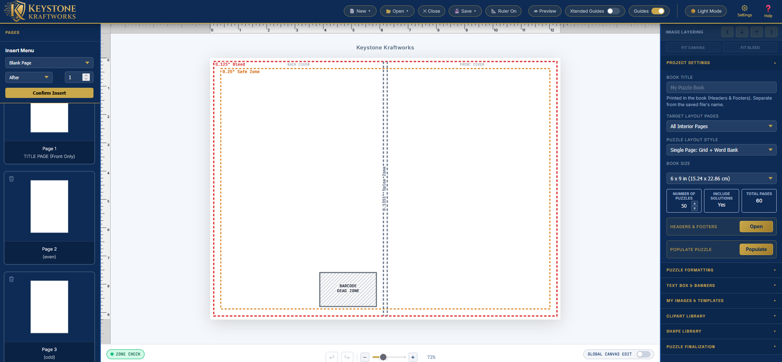 Puzzle Pro cover canvas with bleed, safe zone, spine, and barcode guides