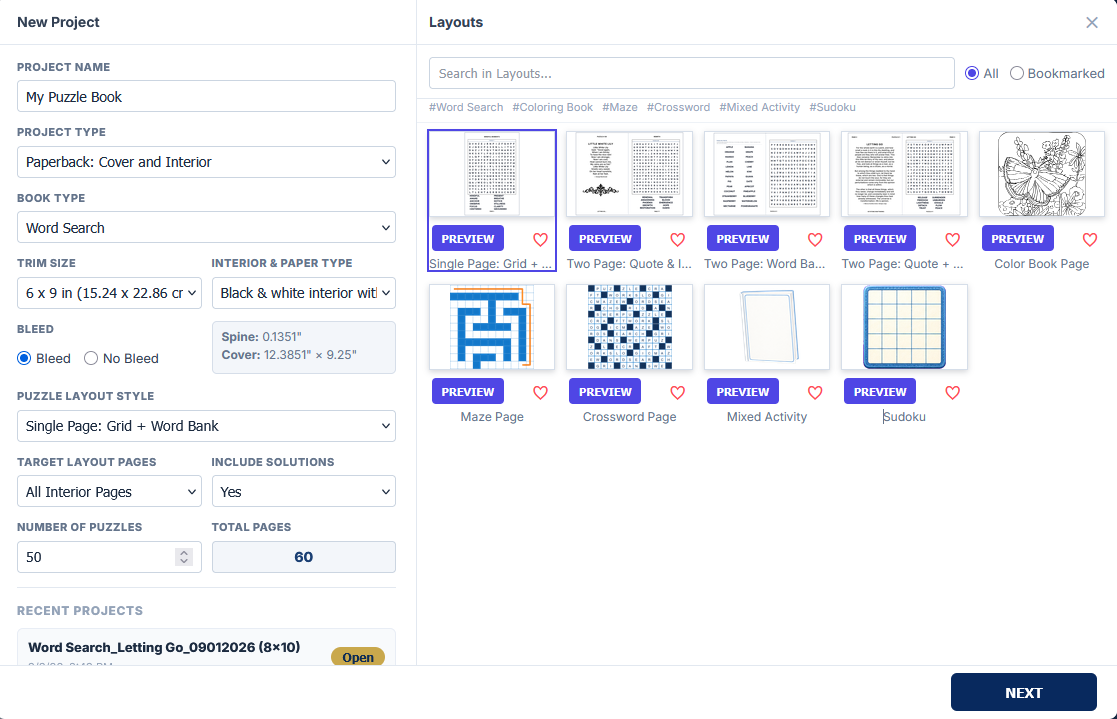 New project wizard with layout previews
